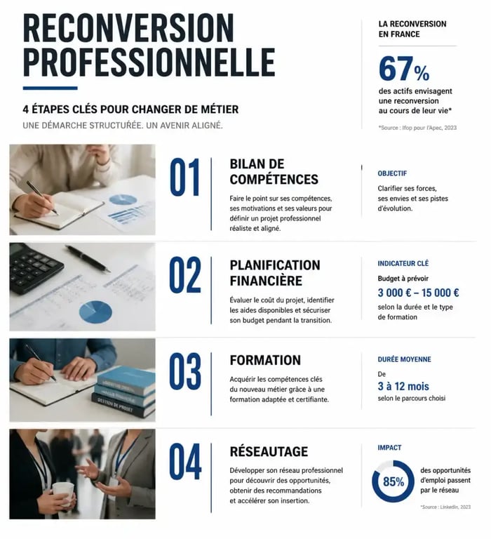 Infographie des étapes d'un dossier reconversion professionnelle
