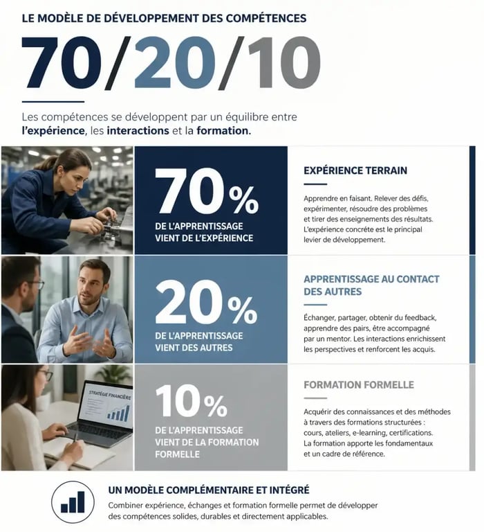Schéma modèle 70/20/10 pour développer ses soft skills