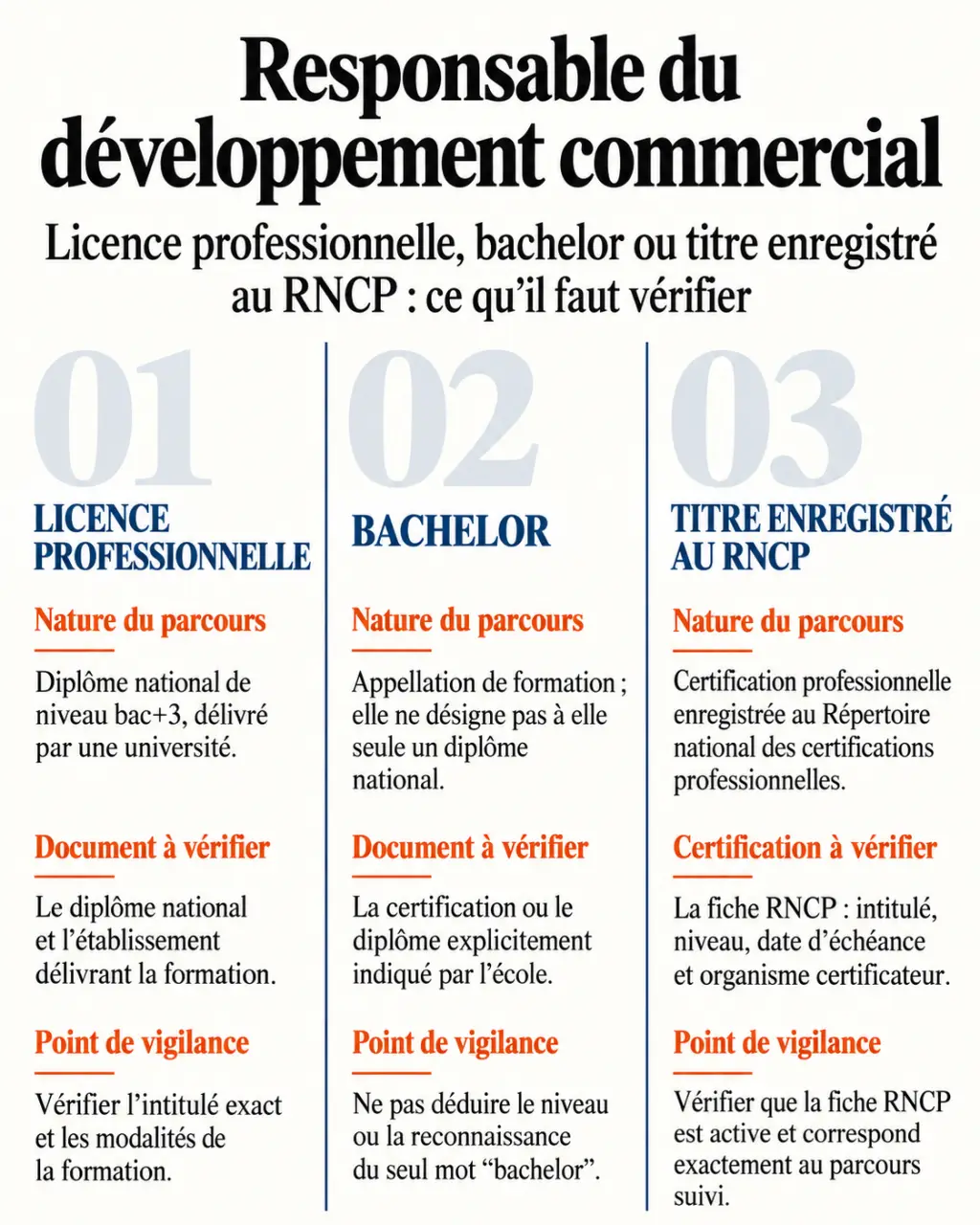 Formation responsable développement commercial : différences entre licence professionnelle, bachelor et titre RNCP