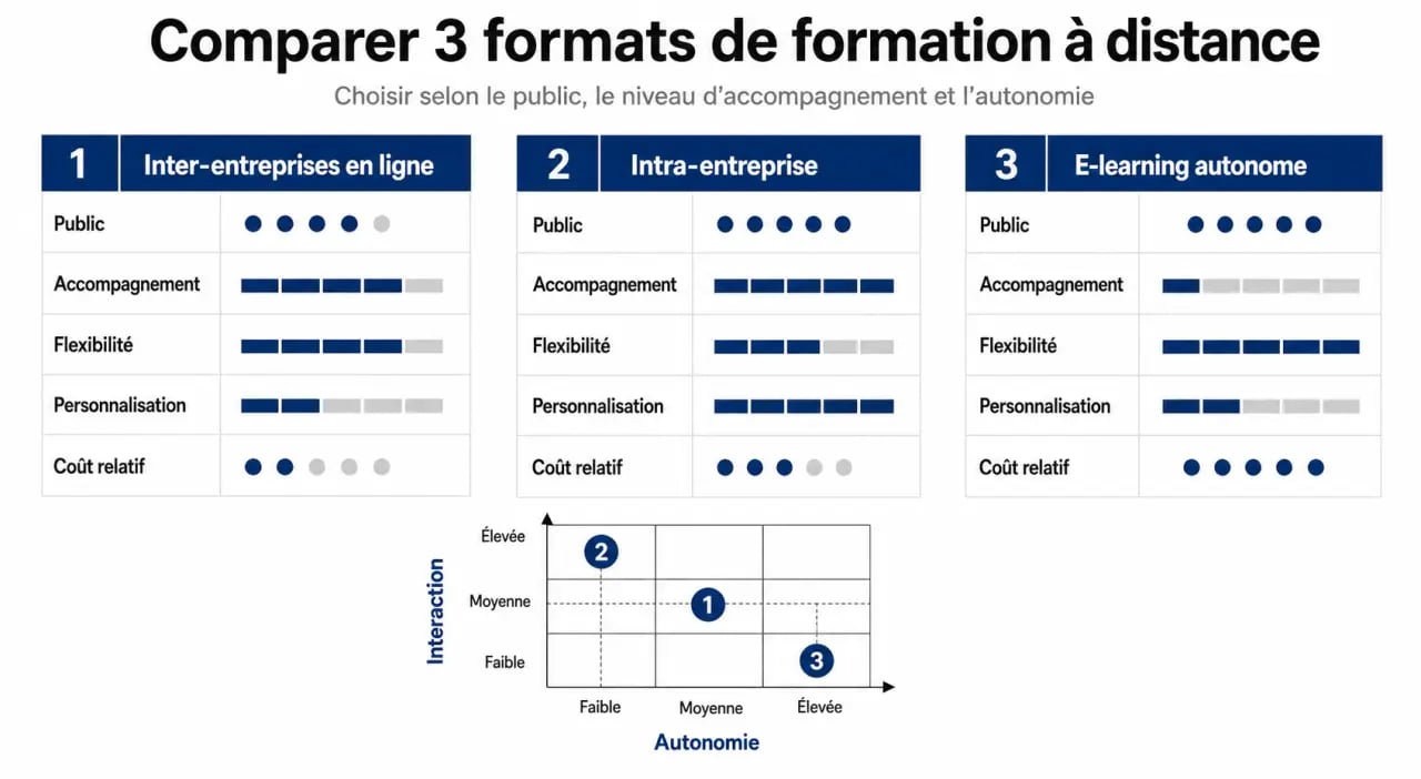 Formation inter entreprises en ligne : comparaison visuelle entre inter-entreprises, intra-entreprise et e-learning autonome