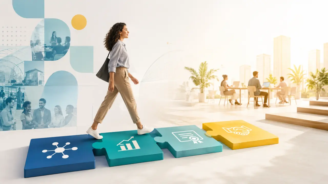 Composition modulaire illustrant une reconversion professionnelle et une progression de carrière
