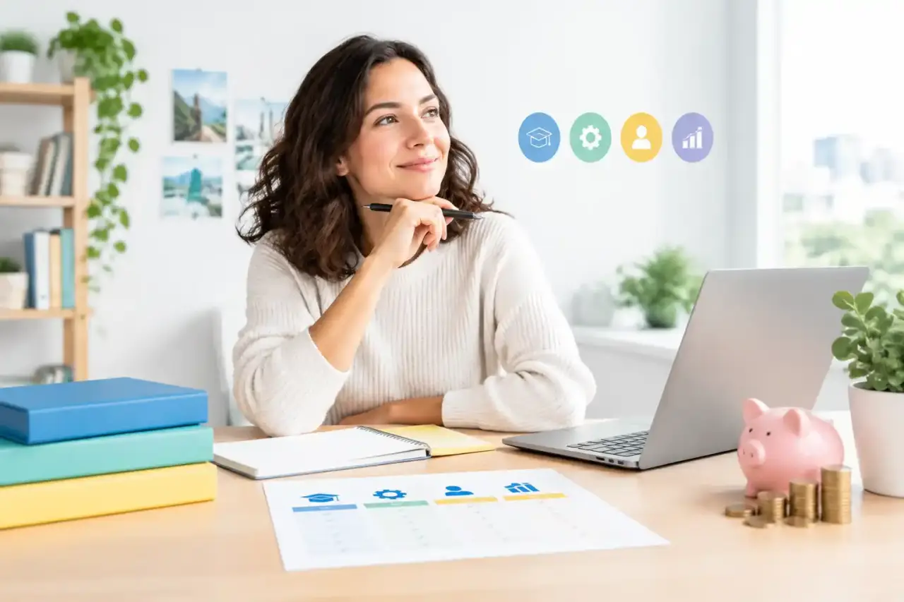 Professionnelle préparant un projet de reconversion et comparant plusieurs parcours de formation