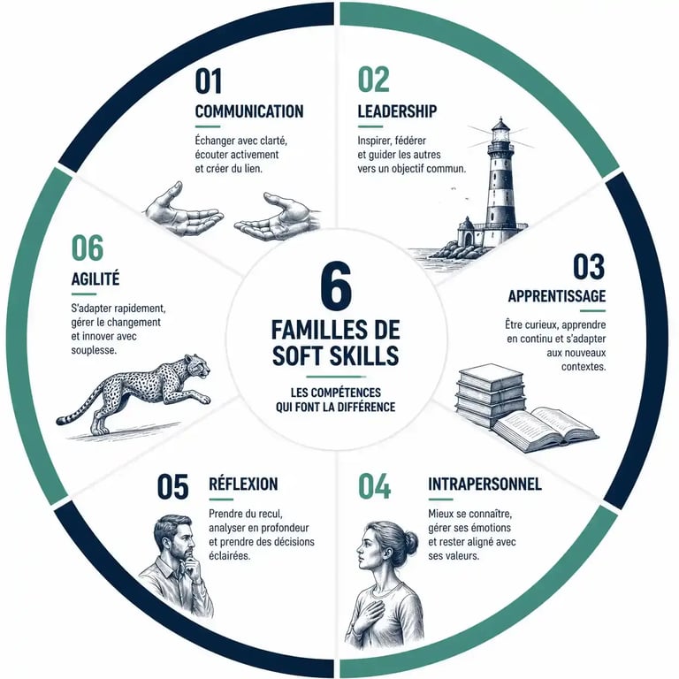 Schéma illustrant la roue des soft skills et ses six catégories fondamentales pour le développement professionnel