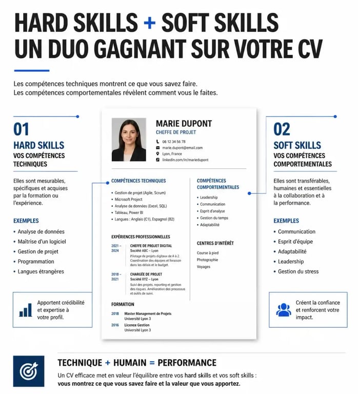 Infographie illustrant l'intégration des soft skills sur un CV pour optimiser sa candidature