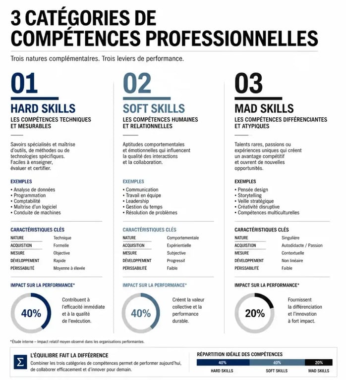 Infographie définition soft skills : différence avec hard skills et mad skills
