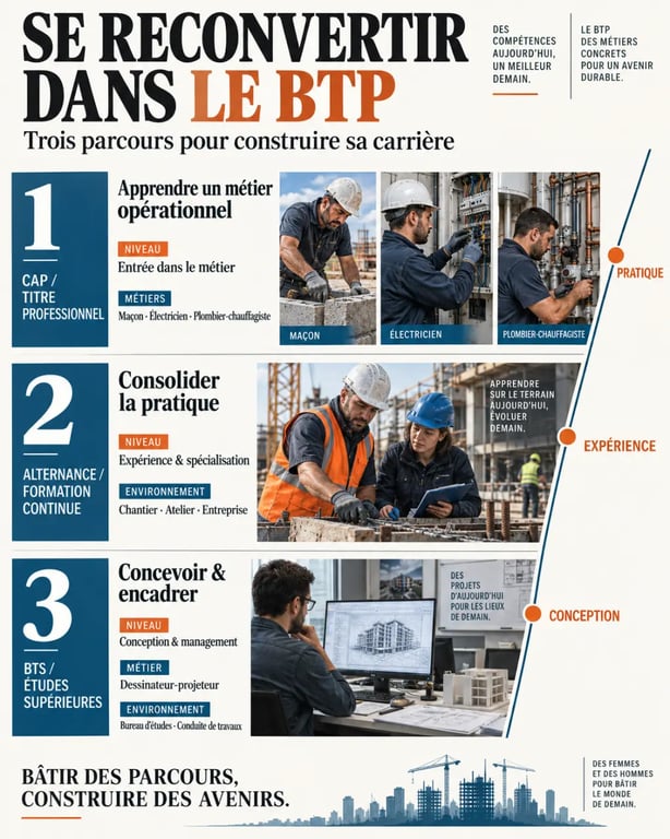 Infographie sur les parcours de formation BTP en reconversion et les métiers accessibles