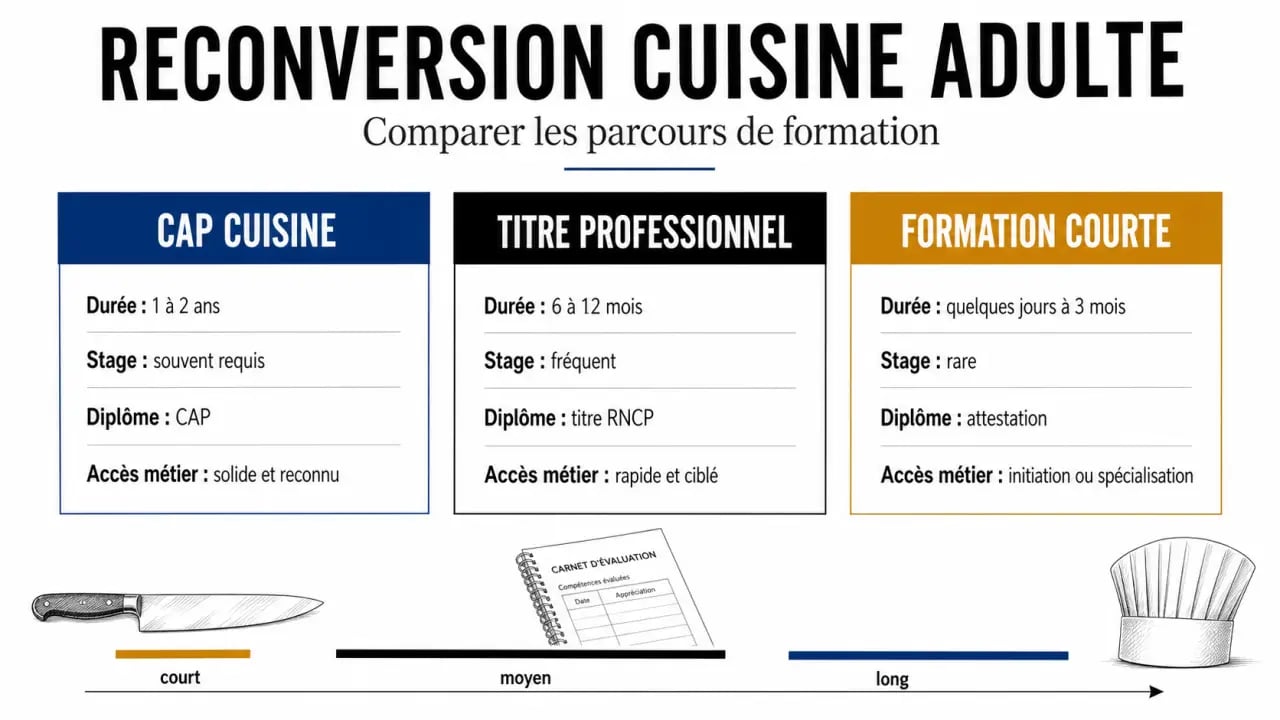 Illustration comparative d'une formation cuisine adulte reconversion avec CAP Cuisine, titre professionnel et stage