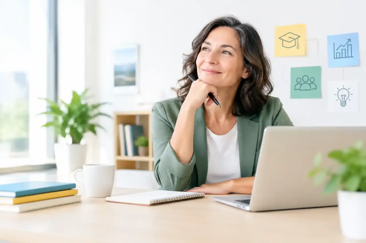 Professionnelle de plus de 40 ans travaillant sur un projet de reconversion dans un espace de formation