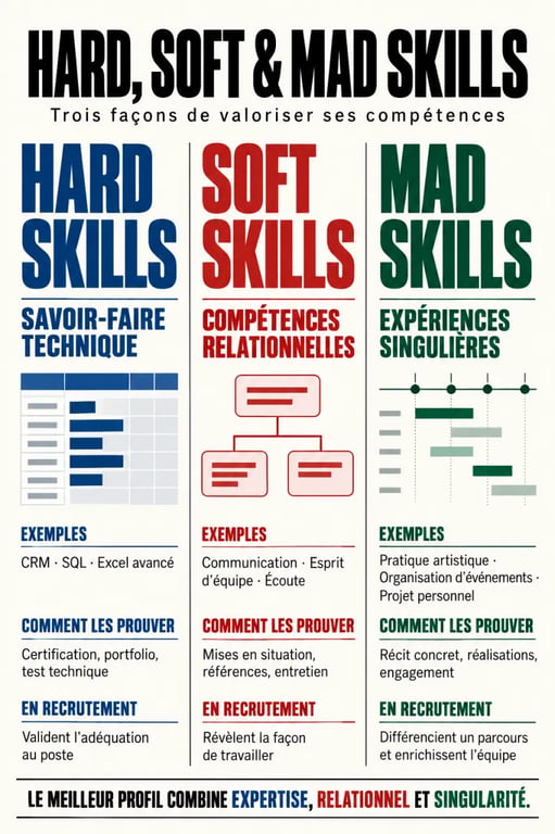 Infographie comparative des hard skills, soft skills et mad skills