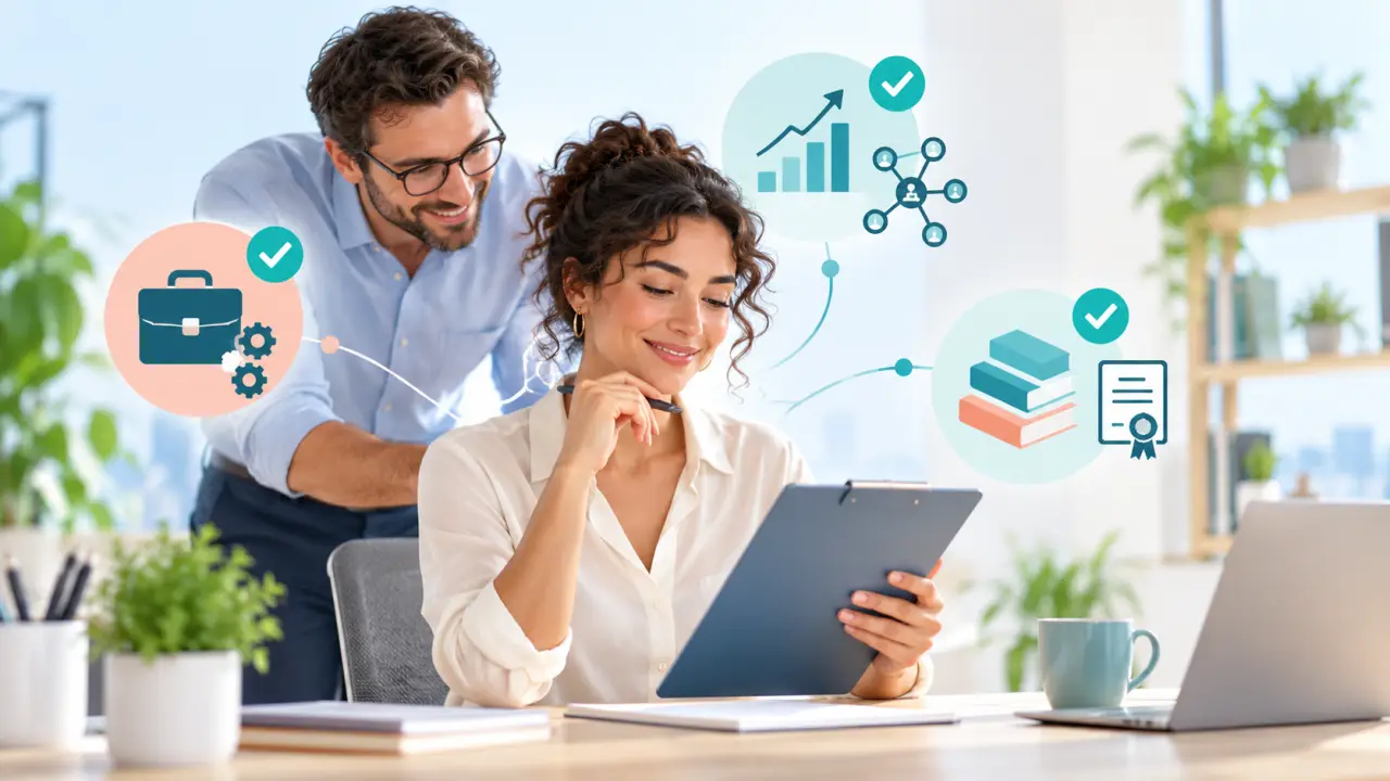 Professionnels préparant un projet de reconversion autour de graphiques et d'objectifs de carrière