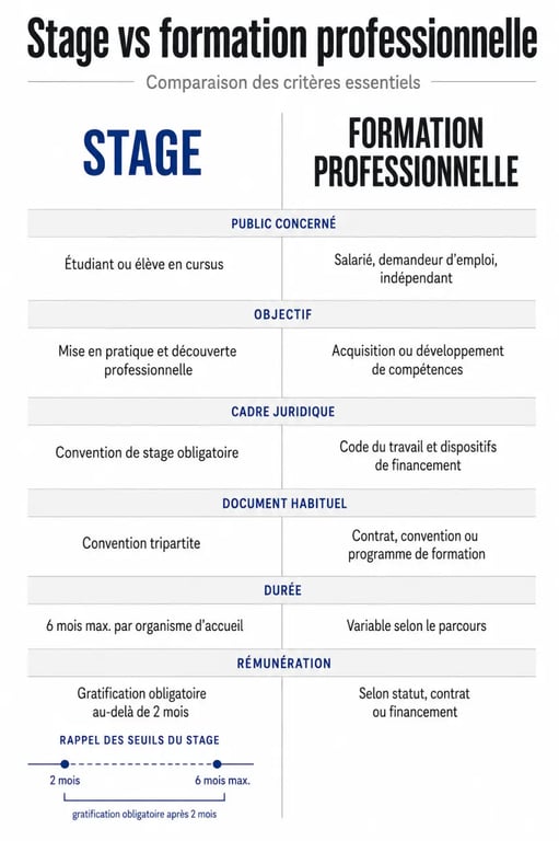 Infographie sur la différence stage et formation professionnelle